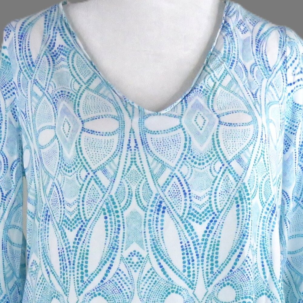 Catalina Women's Blue & White 3/4-Sleeve V-Neck Pullover Top XS (C2023)